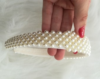 White Pearl Headband, Vintage Hair Band, Pearls Head band, Women Headband, Boho Turban Knot Headband