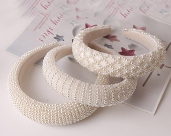 White Pearl Headband, Bridal headband, Wedding head band, Pearls Headband, Women Pad Headband, White Padded Headband