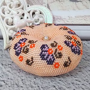 Round pin cushion crochet beaded beige with miniature flower Gift for sewer