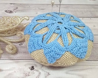 Mini pincushion linen fabric blue crochet trim Mindfulness gift for sewer