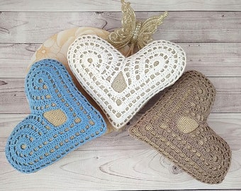 Pin cushion linen fabric with crochet hearts Useful gift for sewer 1 piece