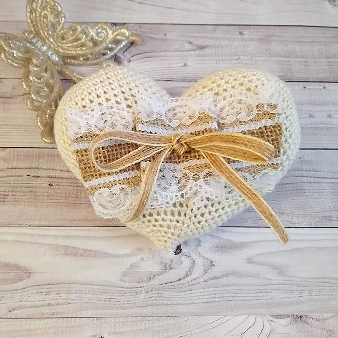 Ring Bearer Pillow Heart Shape Crochet Heart Burlap Lace Trim Etsy