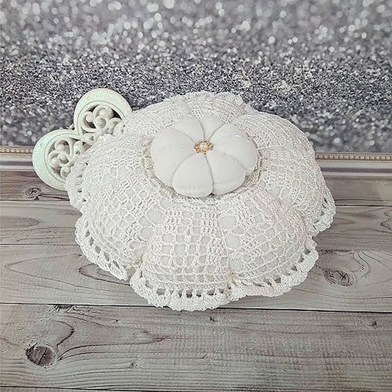Round Velvet Pillow White Round Pillow Crochet Trim Rustic Throw