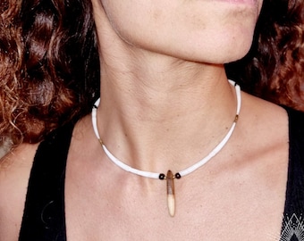 Denim Halskette, Halskette aus Holz & Messing, Tribalschmuck