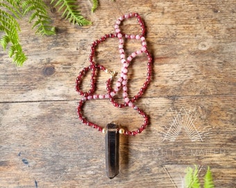 Granat, Lepidolith und Rauchquarz Mala Kette