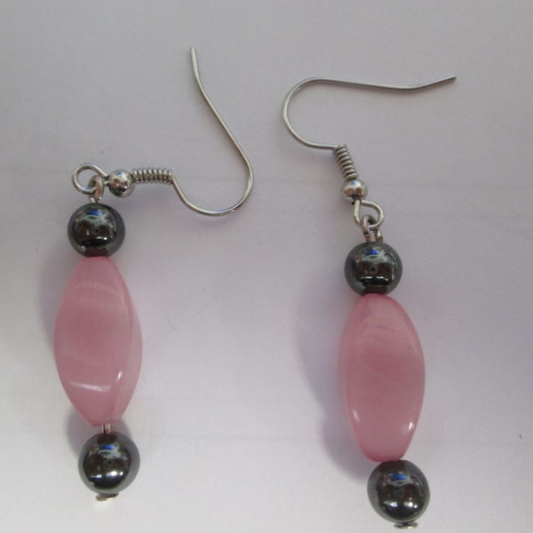 Pink Cats Eye and Black Magnetite Dangle Earrings, Black and Pink earrings, dangle earrings,