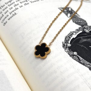 KINGLET Black Clover Flower Pendant Necklace - 18K Gold Plated Stainless Steel Hypoallergenic Tarnish Free - Trendy 18&quot; Chain - Gift Wrapped