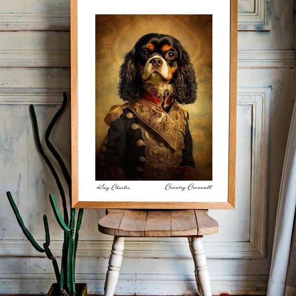 Peinture Renaissance chien King Charles Cavalier - décoration de salon - portrait funky et amusant - décoration murale impression poster