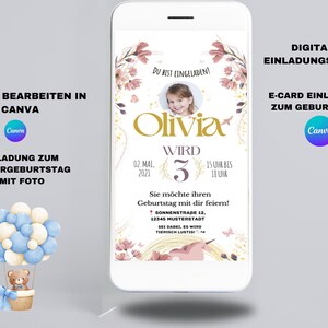 Baby Geburtstag Einladung, Blumige Geburtstagsparty Karte, Digitale Einladung Mädchen, Geburtstag Feier, Druckbare Einladung, DIY Party