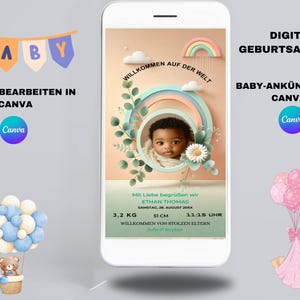 Modèle numérique d'annonce de naissance de bébé de bienvenue, modifiez votre propre carte d'annonce de bébé Canva, fleurs arc-en-ciel