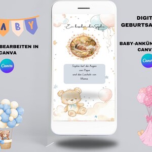 Anuncio de nacimiento digital para editar en Canva, Anuncio de bebé para editar en Canva, fácilmente personalizable para nacimiento