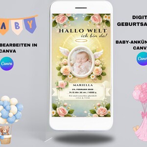 Annuncio di nascita del bambino Canva, biglietto di nascita digitale, modifica te stesso, modello personalizzabile, annuncio del bambino digitale, ciao mondo