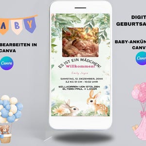 Annuncio di nascita digitale Annuncio di bambino Modello Canva, modifica te stesso, biglietto per bambino personalizzabile