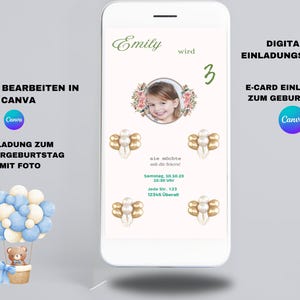 Geburtstagskarte Mädchen personalisiert Fotokarte 3 Jahre altes Kind Blumendesign digitale Einladung
