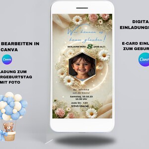Tarjeta de invitación de cumpleaños personalizada para niños, tarjeta con fotografía con motivos florales, invitación digital para imprimir
