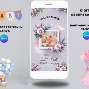 Willkommen Baby Geburtanzeige, Digital Geburtsanzeige Babyankündigung, Selbst Bearbeiten in Canva Vorlage Junge, Mädchen