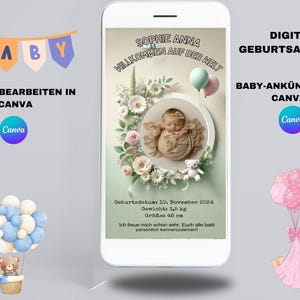 Modelo de anúncio de nascimento digital personalizável, edição em Canva, cartão de boas-vindas ao bebê, anúncio de nascimento, produto digital