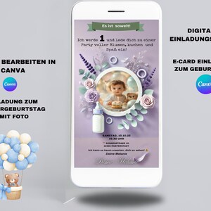 Modello digitale per invito primo compleanno per baby party, cartolina elettronica personalizzabile, dolce bimbo con torta e fiori