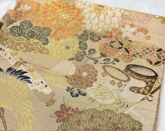 アンティーク　丸帯　花模様　イエロー　着物　帯　009k アンティーク 丸帯 花模様 イエロー 着物 帯 009k （黄色地花丸