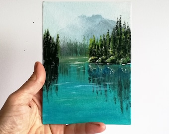 Emerald Lake original oil painting, Canadian Mountain Landscape, custom oil painting on canvas