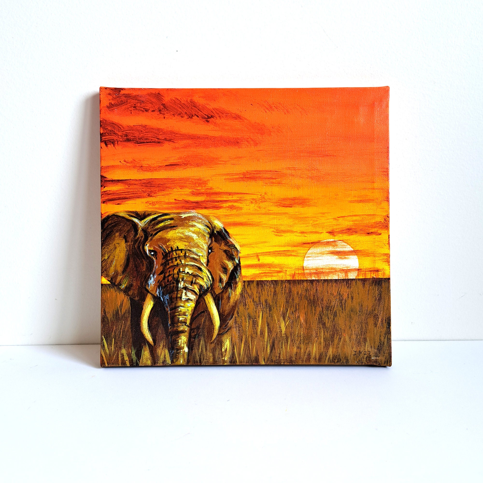 Elephant Original Painting, African Landscape Wall Art, African Animal