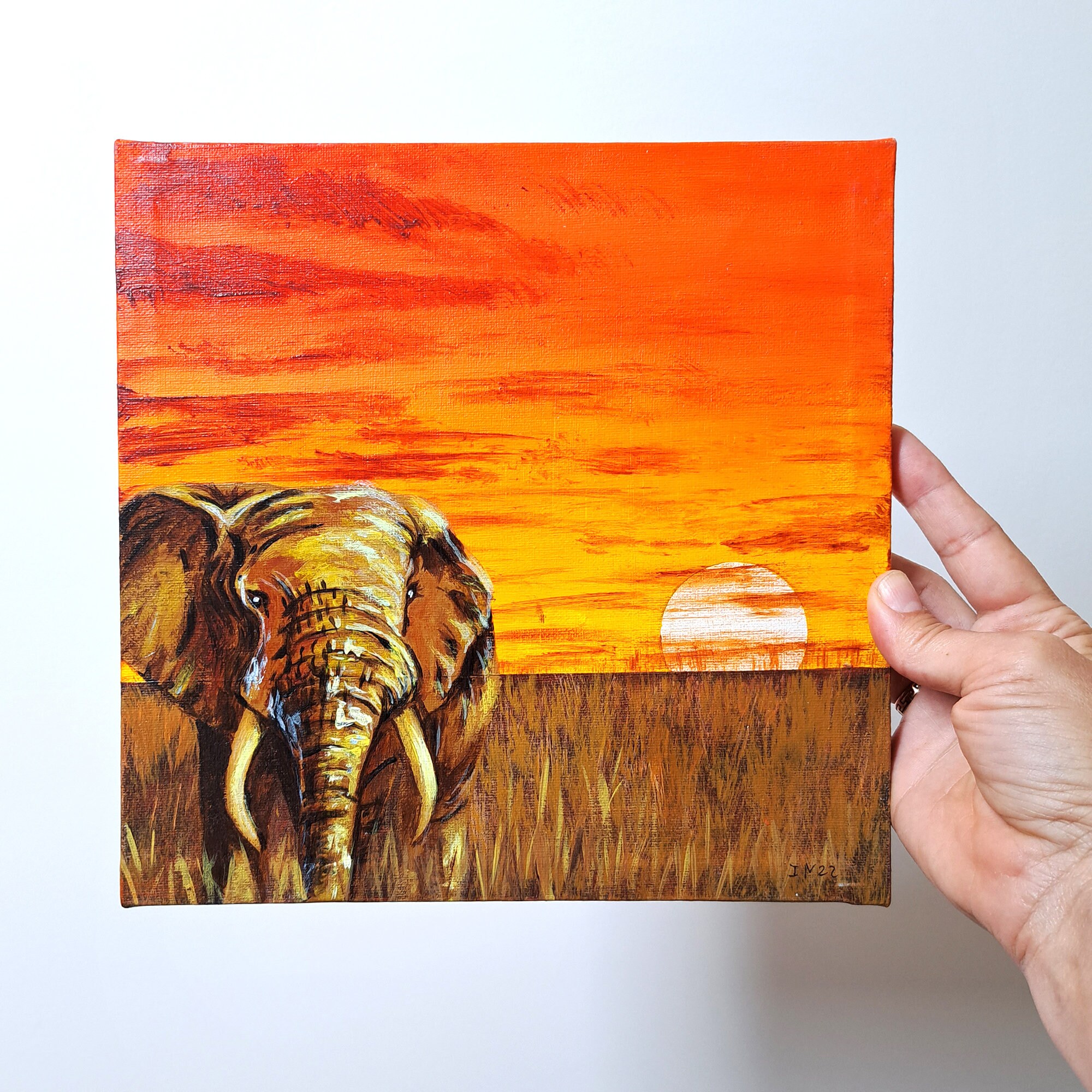 Elephant Original Painting, African Landscape Wall Art, African Animal