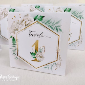 Cartellini per Tableau de mariage e Segna tavoli, Tableau Linea Emerald, Tableau Matrimonio, Peonie bianche, Oro e Verde Smeralso
