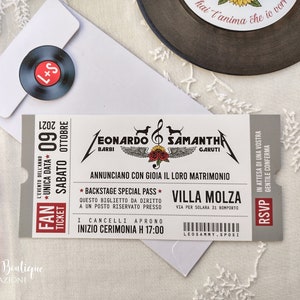 2,60 euro cad. Partecipazione di Matrimonio Biglietto Concerto Rock, Nozze tema musica, Invito Nozze Artigianale, Metallica
