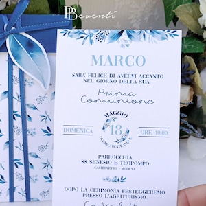 Invito Linea Foglie Blu, Invito Prima Comunione, Cresima, Compleanno, Busta Artigianale