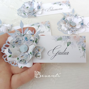 Segnaposto floreale con Fiore in carta realizzato a mano per Matrimonio, Battesimo, Prima Comunione, Compleanno, Laurea, Azzurro polvere