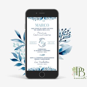 Invito Prima Comunione Foglie Blu, Invito Comunione per WhatsApp, Invito Compleanno, Invito Cresima