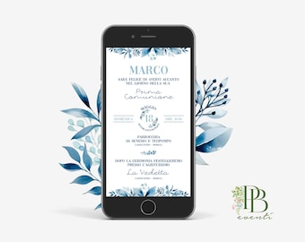 Invitation de première communion Feuilles bleues, Invitation de communion pour WhatsApp, Invitation d'anniversaire, Invitation de confirmation