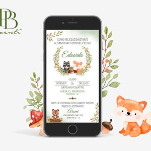 Invito Animaletti del bosco, Invito Battesimo per WhatsApp, Annuncio nascita, Invito compleanno, bambina, bambino, volpe, orsetto, procione