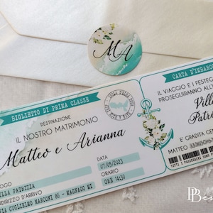 3,20 euro cad. Partecipazione Matrimonio, Biglietto da viaggio Nave, Carta d'imbarco, Acquamarina, Ottanio, Tiffany