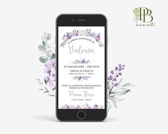 Invitación Primera Comunión Línea Violeta, Invitación Comunión para WhatsApp, Invitación Cumpleaños, Invitación Confirmación, Flores Violetas