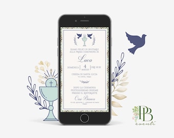 Invitación Primera Comunión Scotty Line, Invitación Comunión para WhatsApp, Invitación Cumpleaños, Invitación Confirmación, Azul, Celeste, Beige