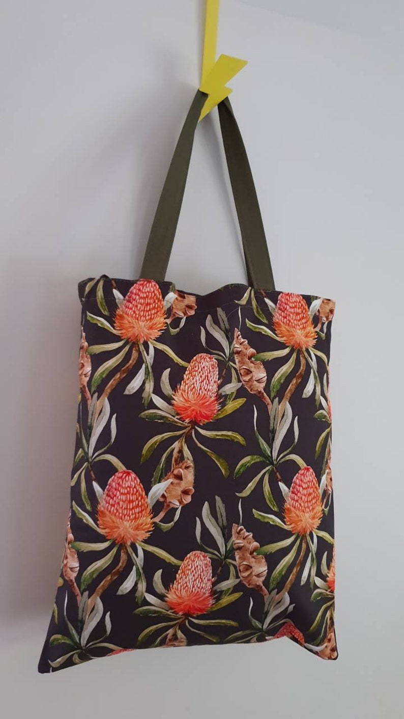 Australian native floral Linen Bags Gifts Banksia Made in AU. Handmade Eucalyptus Totes Gumnut Wildflowers
