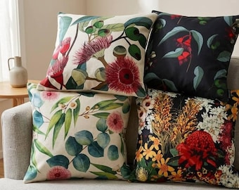 Australian Native Flower Cushion Cover | Linen Throw Pillow | Eucalyptus Waratah Gumnut | Handmade Home Decor | Australian Made Gift | 45x45