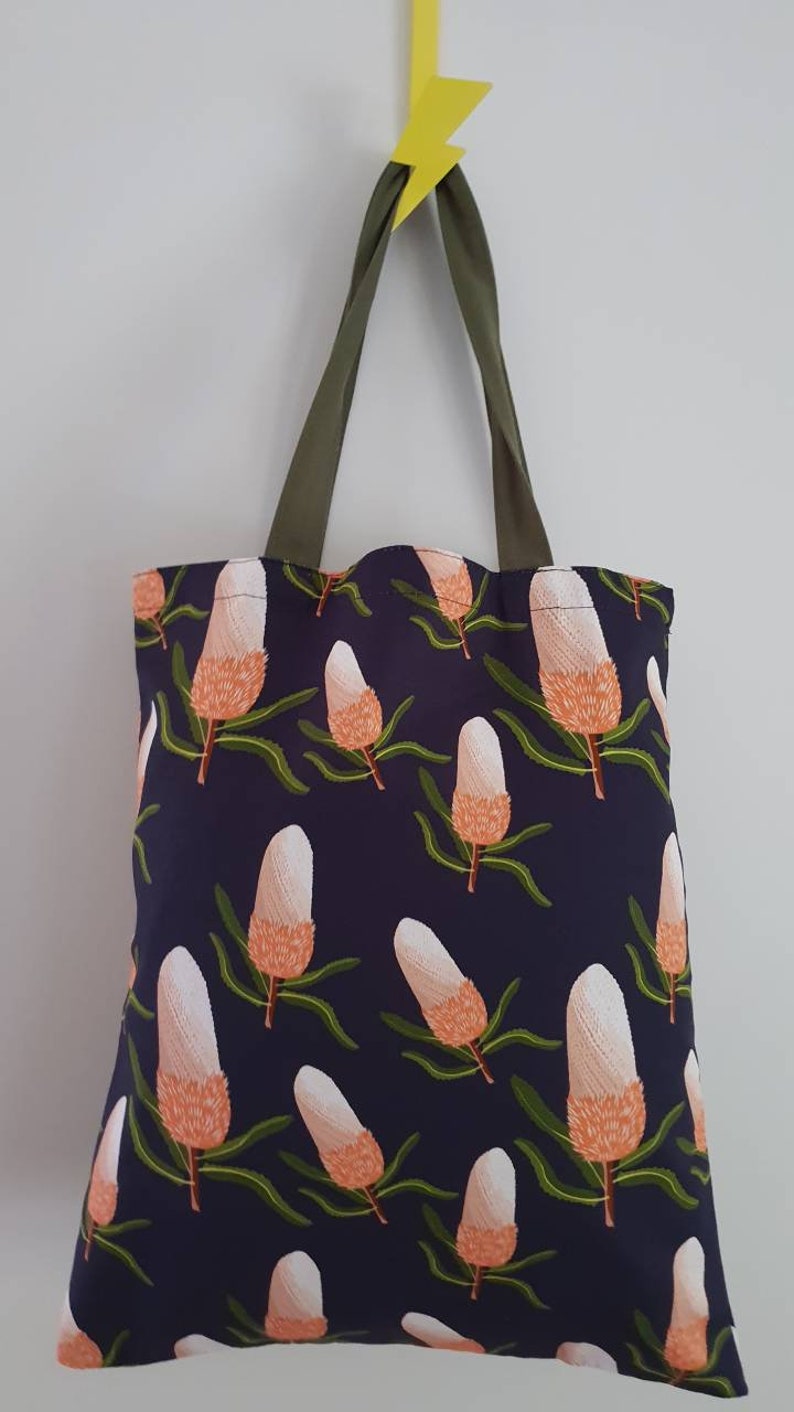 Australian native floral Linen Bags Gifts Banksia Made in AU. Handmade Eucalyptus Totes Gumnut Wildflowers