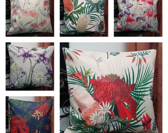 Australian Native Floral Collection- Cushion Covers- Linen- Banksia- Waratah- Eucalyptus- Size 45x45cm- Handmade- Gifts.