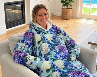 Winter Fleece Hoodie Blanket | Cosy Lounge Wear | Botanical Print | Handmade Wearable Blanket | One Size | Gift for Her | Multiple Designs