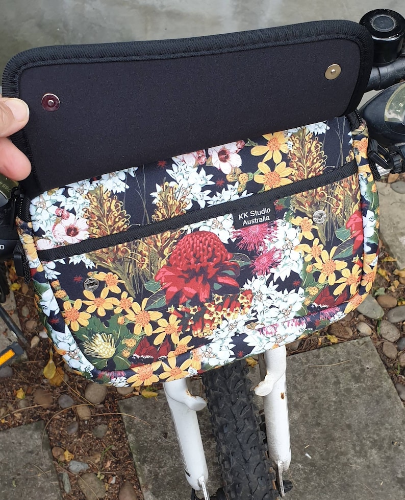 Front Handle Bike bag Waterproof Floral designs Ladies style Messanger Bag Carry water and phone Insulating Made in Au. image 9