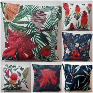 Australian Flowers- Cushion Covers- Banksia- Grevillea- Sturts's Dessert Pea- Flannel Flower- Waratah-Red Hot Poker - Botanical prints.