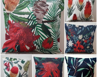 Australian Flowers- Cushion Covers- Banksia- Grevillea- Sturts's Dessert Pea- Flannel Flower- Waratah-Red Hot Poker - Botanical prints.