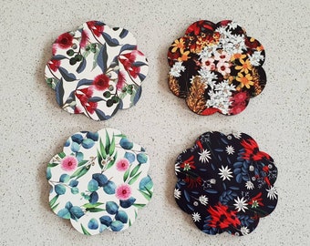 Australian native flowers- Cork coasters set- 4 floral designs- Designed and made in Australia- 10x10cm- Great gift- Handmade.