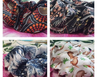 Australian Patterns- Scrunchies- Flora - Fauna- Silky Fabric- Handmade- Made in Australia.