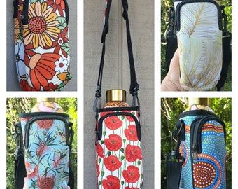 Australian-Flora - Water bottle and phobe carry bag- Holder- Adjustable straps- Washable- Made in Au- Gift idea- Neopren .