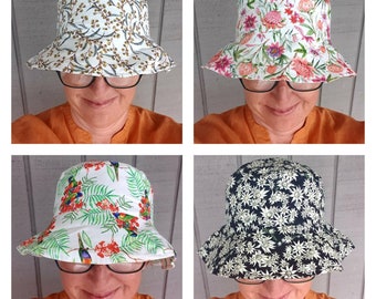 Wildflowers - Reversible-   Womens Bucket Hats - Ponytail opening- Adjustable- Organic Cotton- Foldable- Great for Summer- Handmade in Au.