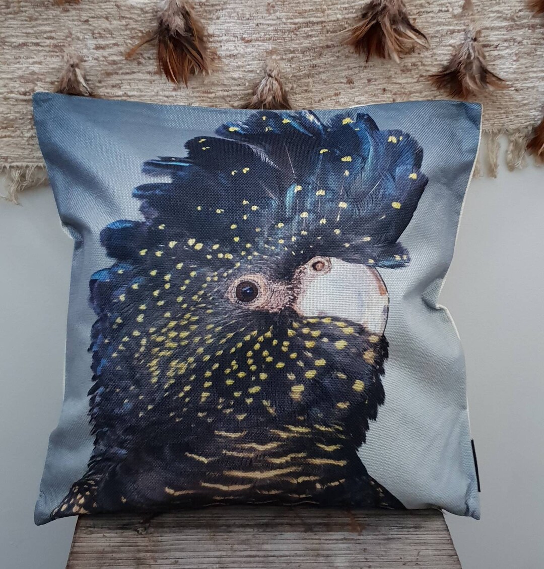 Black Cockatoo Kookaburra Cushion Cover Linen Handmade Pillow Cover
