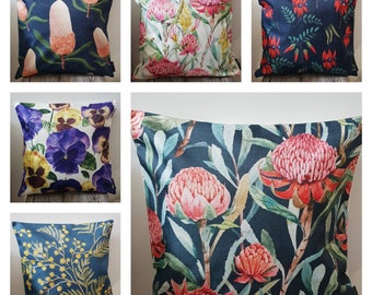 Australian Flora- Cushion Covers- Banksia- Waratah- Violet- Golden Wattle- Wildflower- Handmade- Gift - Linen- Home- Decorative pillows.